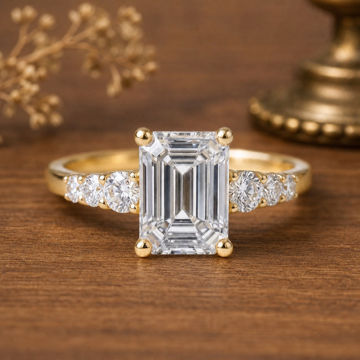 Lyra’s Prism | 3CT Emerald Cut Diamond Engagement Ring – front view on warm walnut background