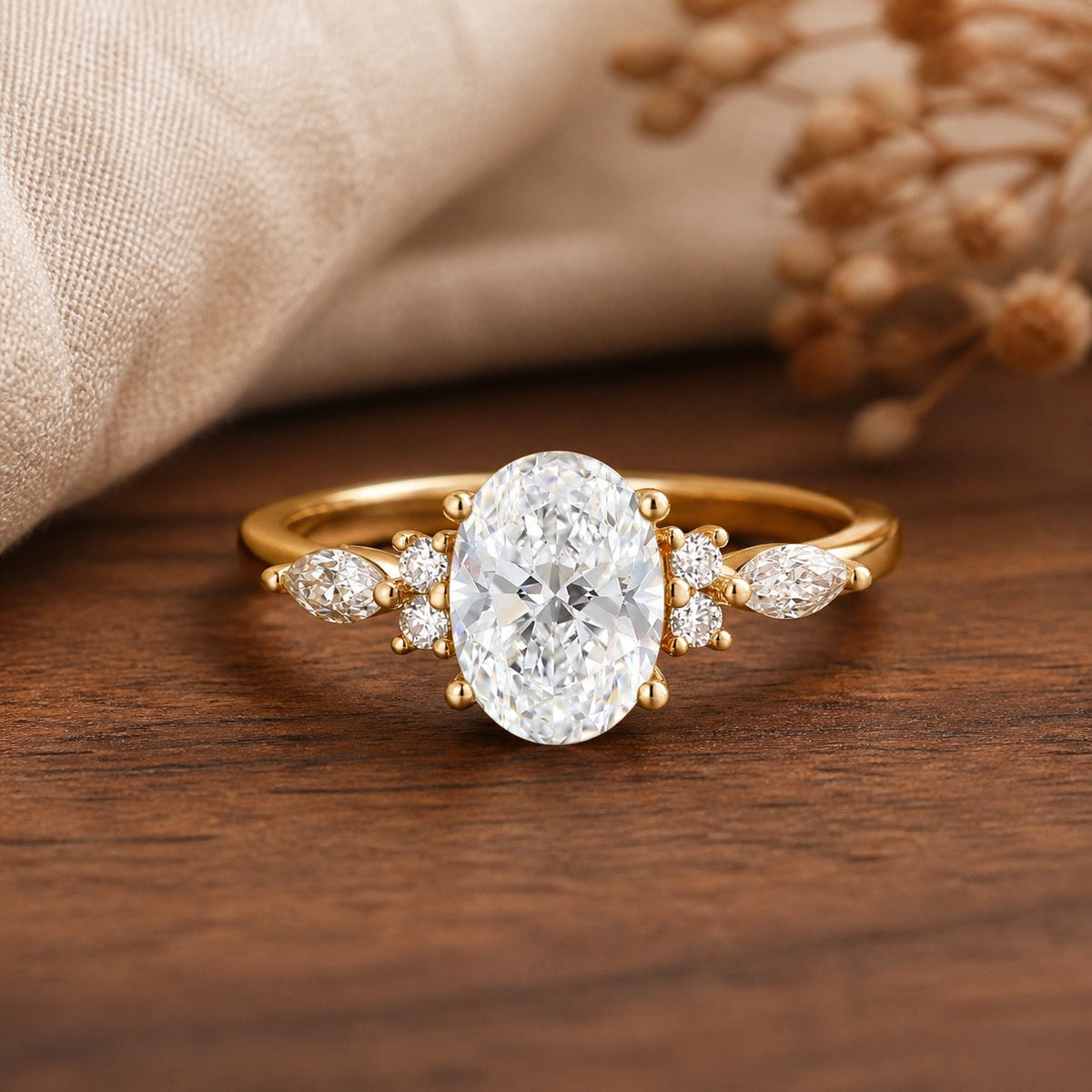 Odette’s Luster 1.5CT vintage oval diamond engagement ring — flat walnut tabletop