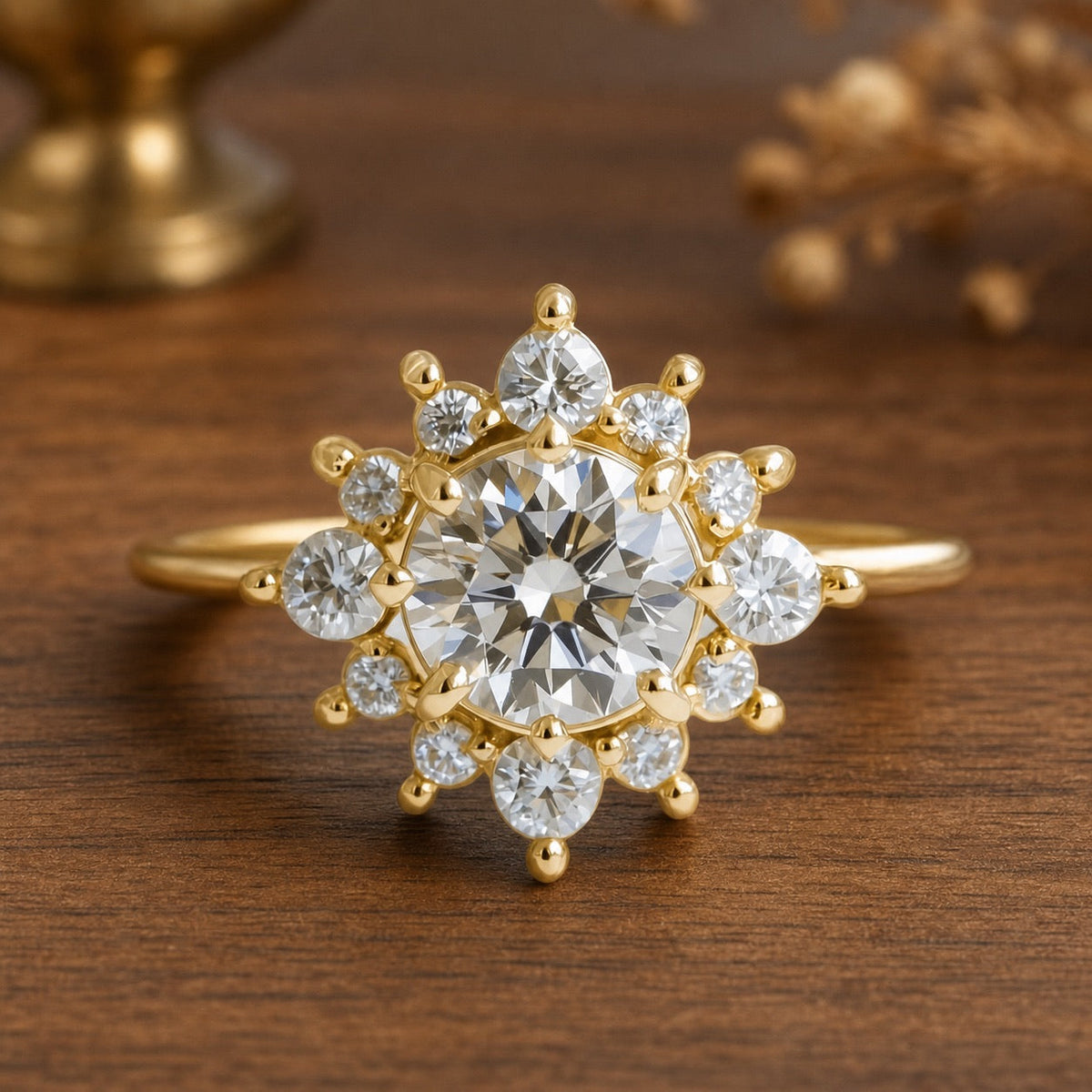 Astra Memoria | Lab Grown Diamond Halo Engagement Ring – front view on warm walnut background