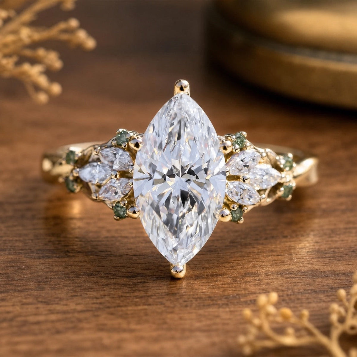 Eleonora’s Radiance | 2CT Marquise Diamond Vintage Engagement Ring – front view on warm walnut background