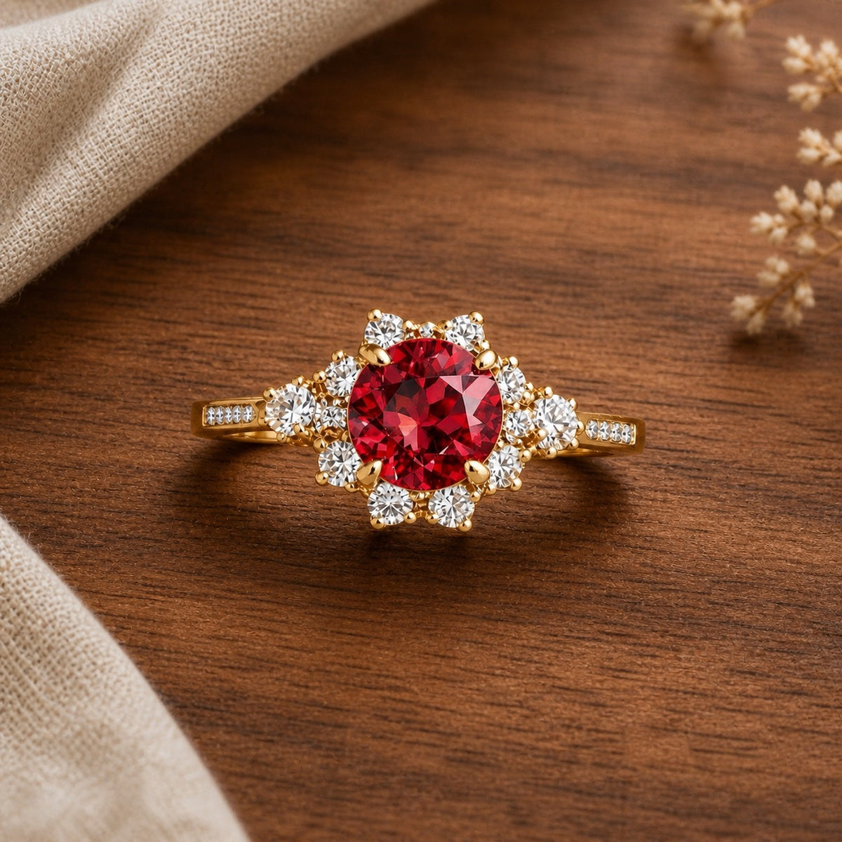 Marina’s Ember burgundy gemstone halo ring on a warm walnut tabletop