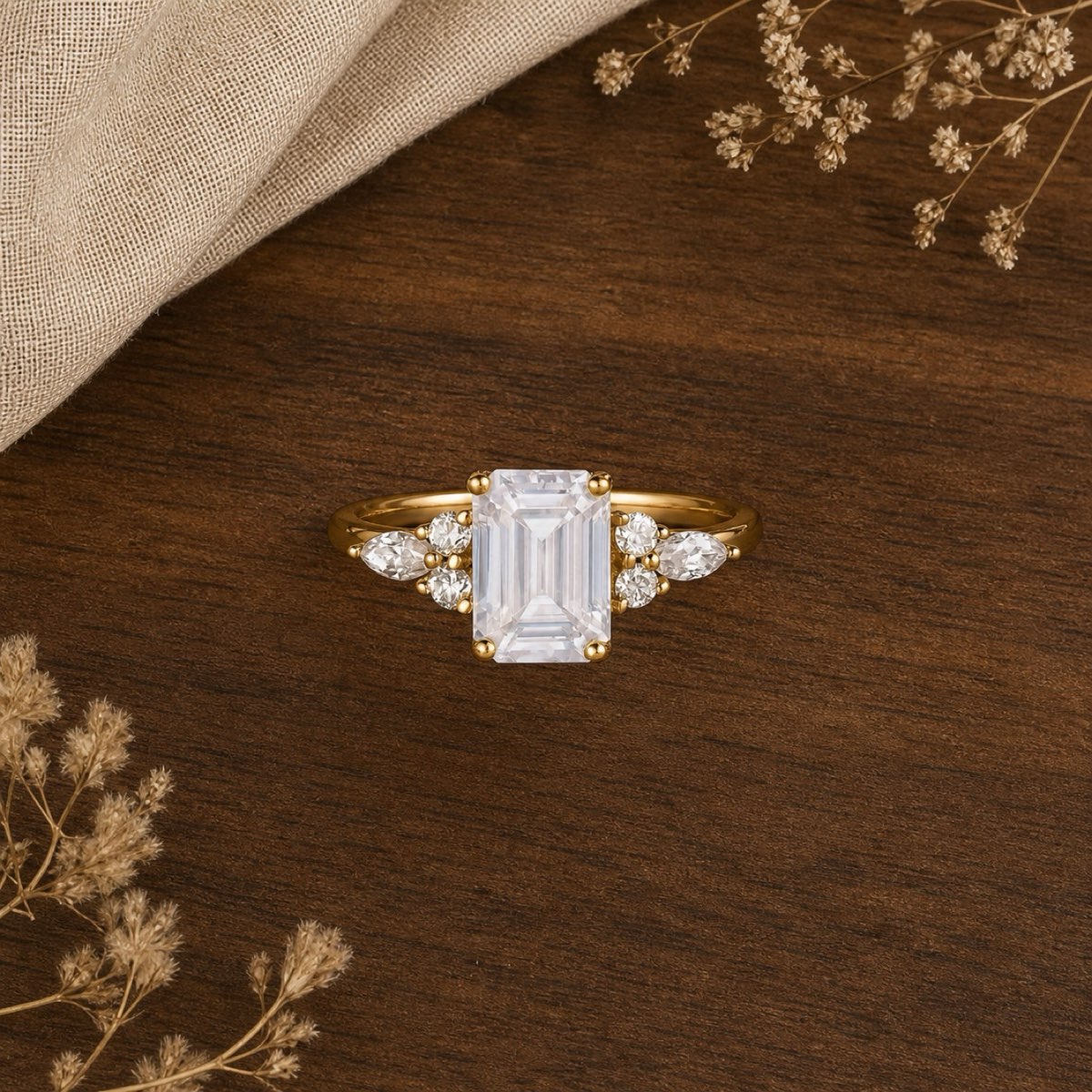 Wild Chrysanthemum Inspired Six-Stone Ring — flat walnut tabletop