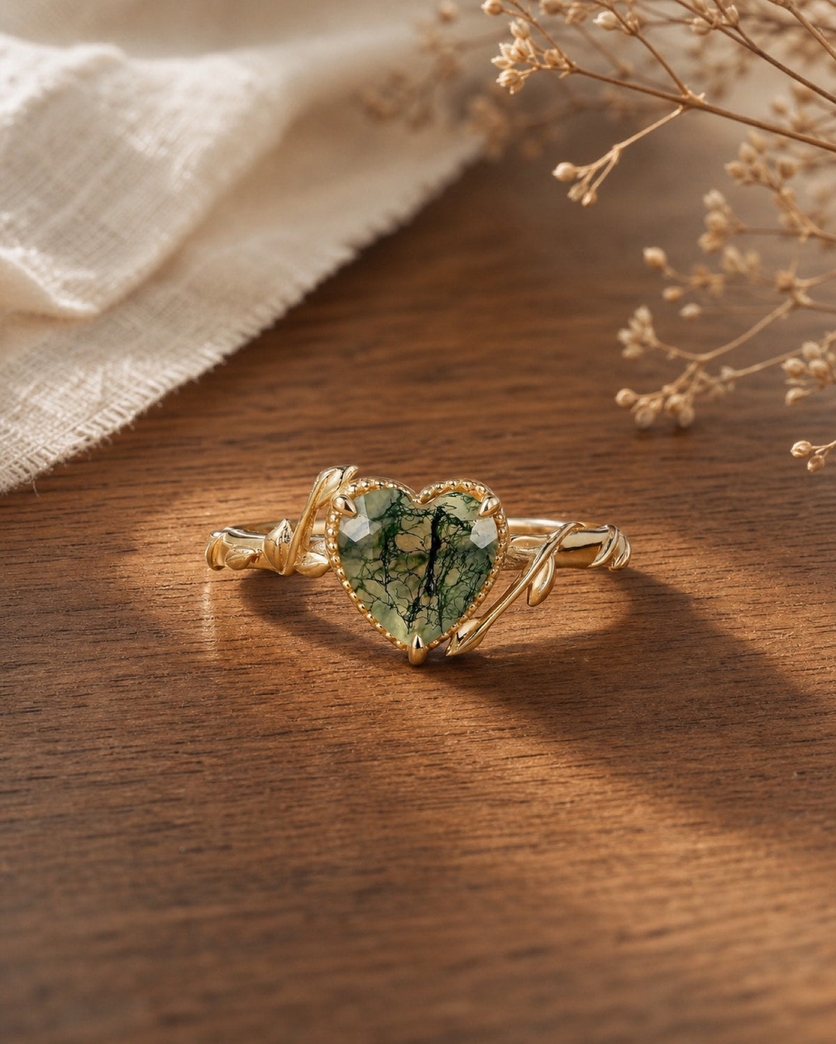 Heart Moss Agate Natural Inspired Leaf Engagement Ring - Faith - Nartya — flat walnut tabletop