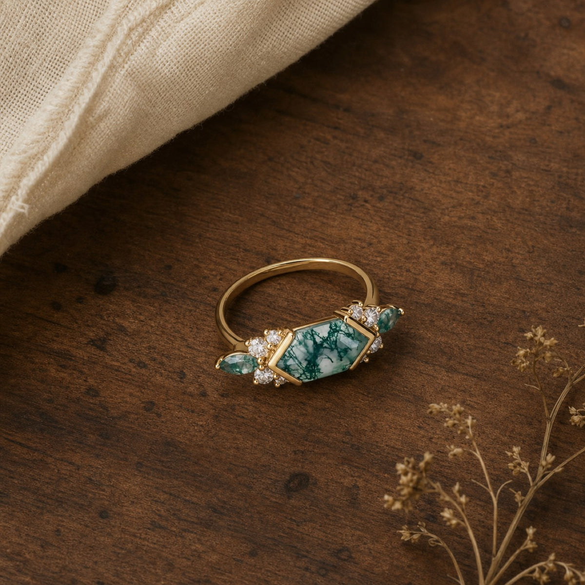 Unique Long Hexagon Moss Agate Engagement Ring - Nartya — flat walnut tabletop
