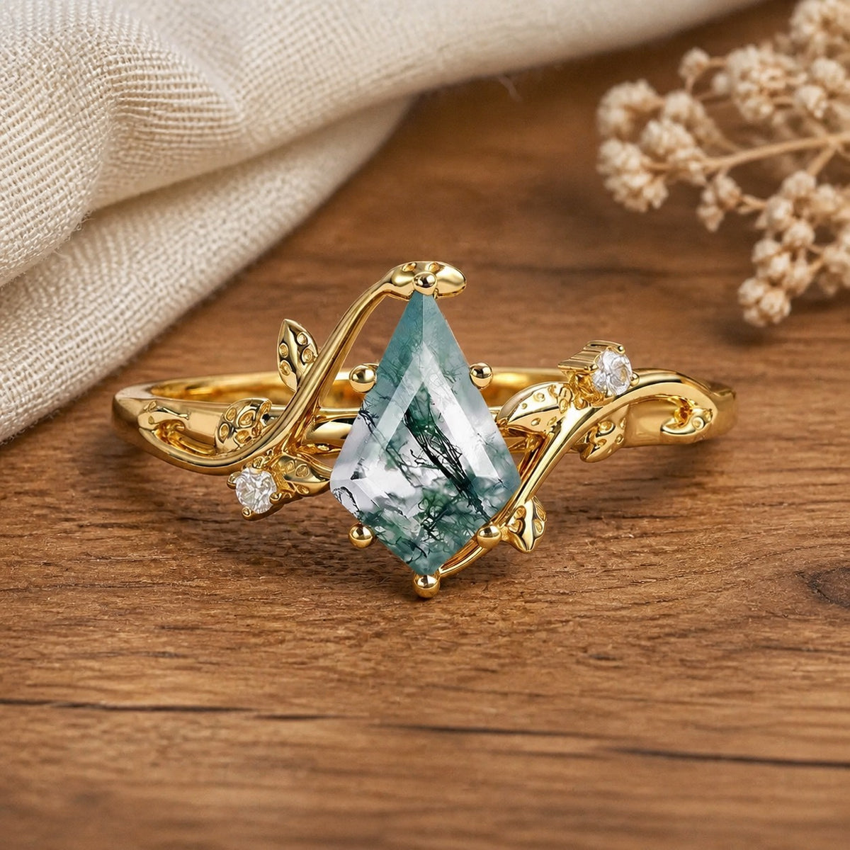 Hazel’s Whisper | Kite Cut Moss Agate Engagement Ring