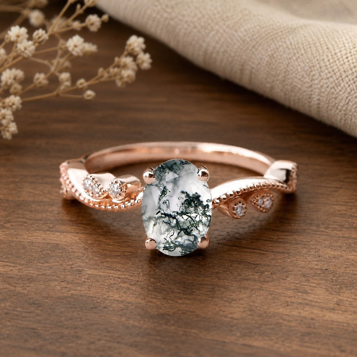 Genevieve’s Grace | Oval Moss Agate Vintage Solitaire Engagement Ring