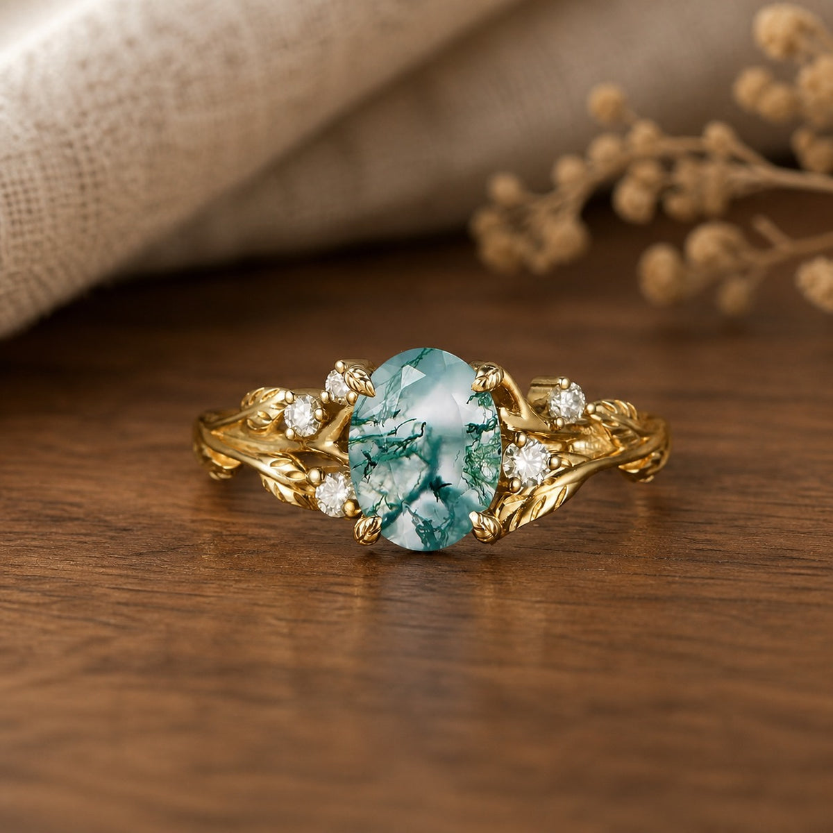 Vintage Moss Agate Leaf Floral Engagement Ring