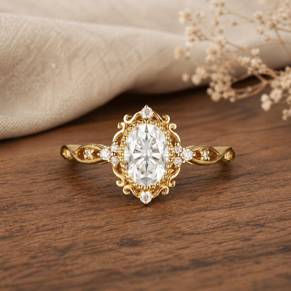 Oval moissanite cluster rose-gold engagement ring on a warm walnut tabletop