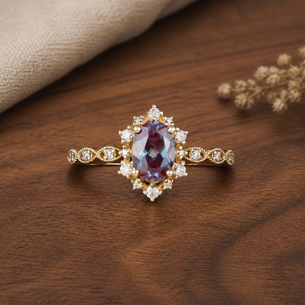Delicate Oval Alexandrite Cluster Engagement Ring on walnut tabletop