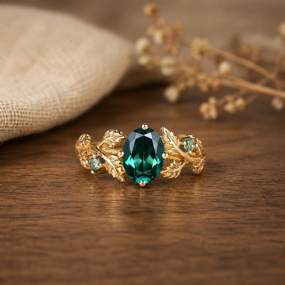 Leaf-Inspired Oval Emerald Engagement Ring