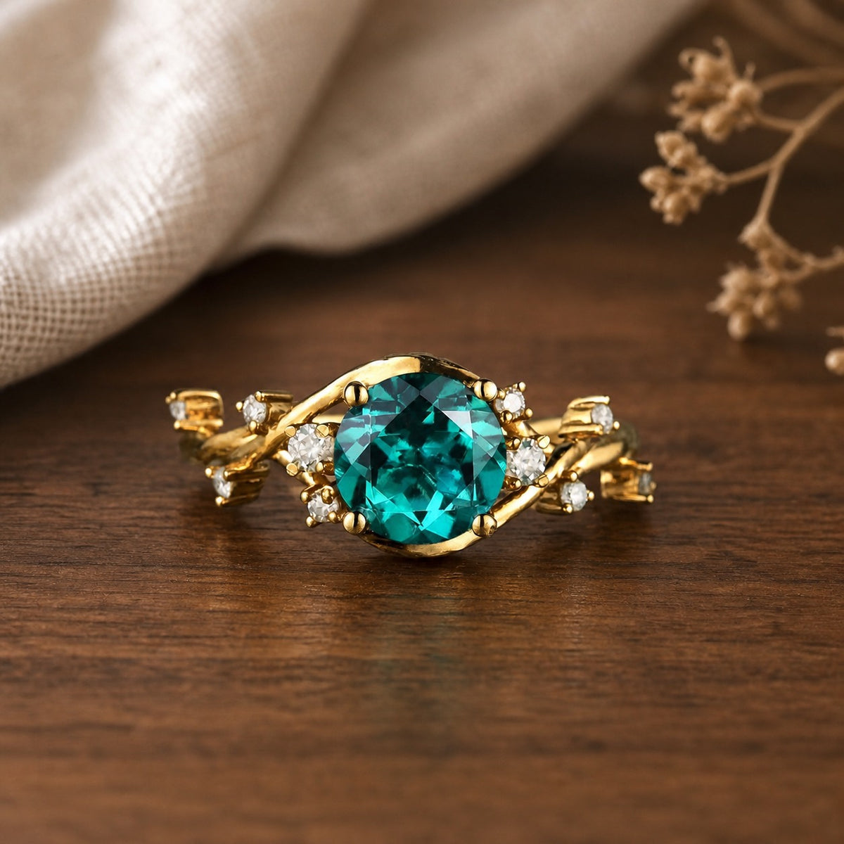 Branches Entwined Charming Emerald Ring on walnut tabletop