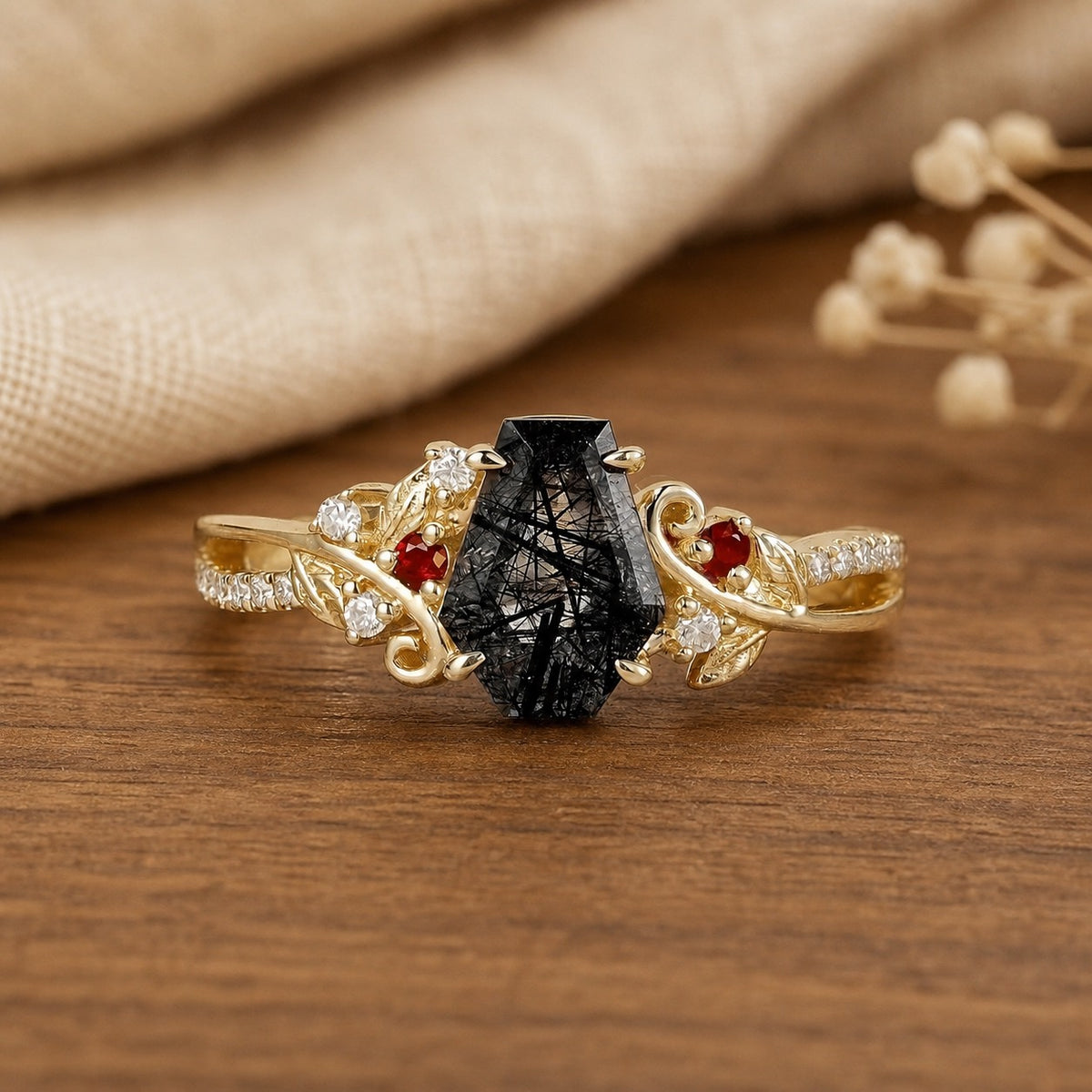 Coffin Cut Black Rutilated Quartz Leaf Ring Sylvie on walnut tabletop