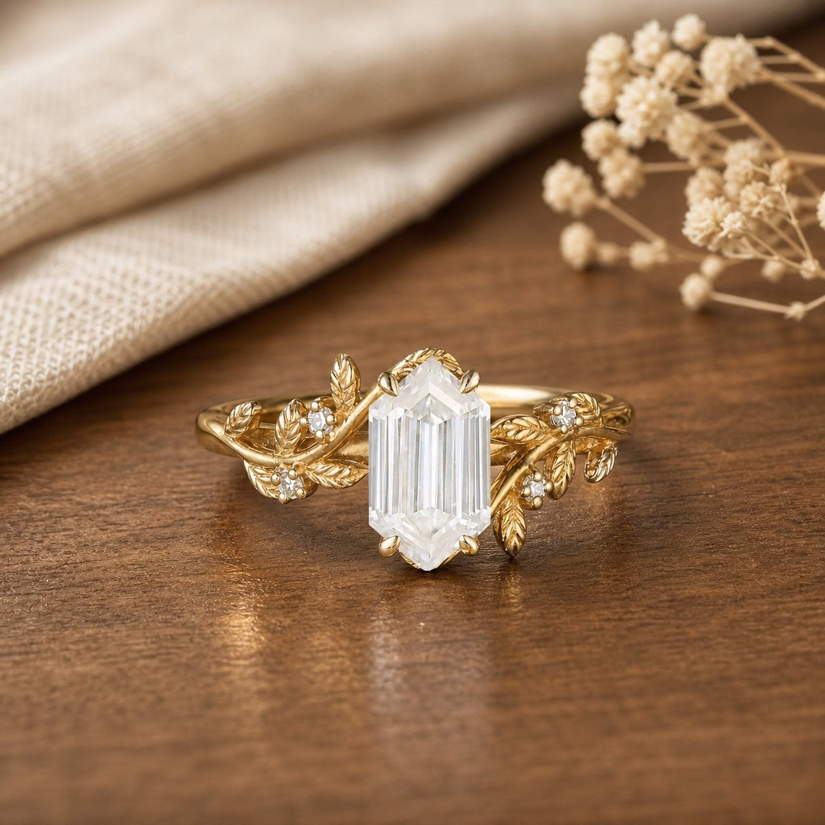 Long - hexagon Moissanite Leaf Design Engagement Ring