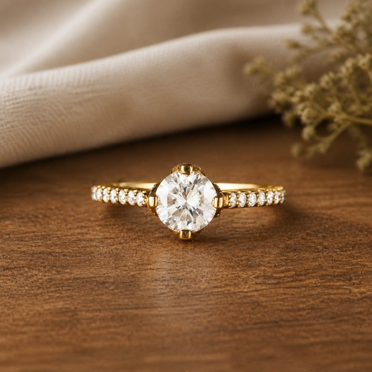 Dazzling Moissanite Round Peekaboo Ring on walnut tabletop