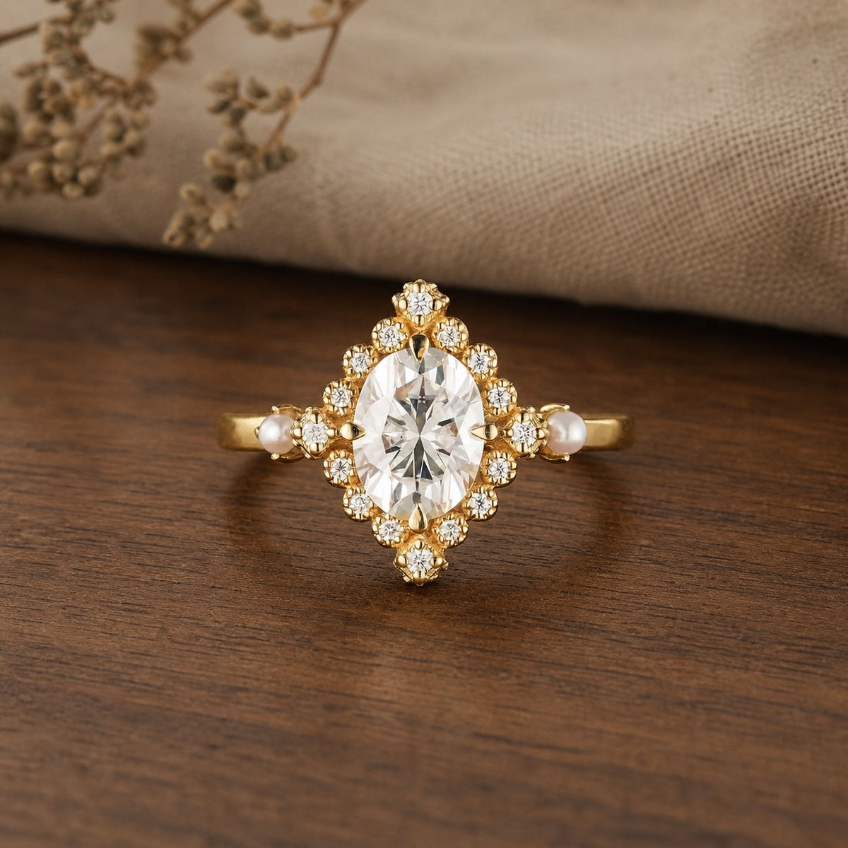 Exclusive moissanite ring for elegant women on a warm walnut tabletop