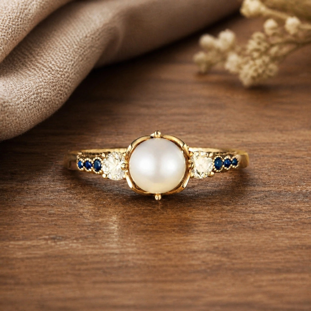 Akoya Pearl Peekaboo Promise Ring on walnut tabletop