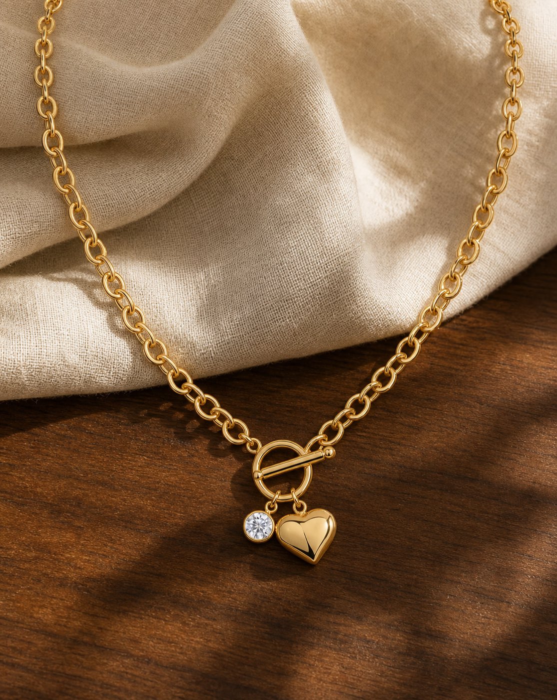 Romantic Gold Heart Pendant Lariat Toggle Necklace