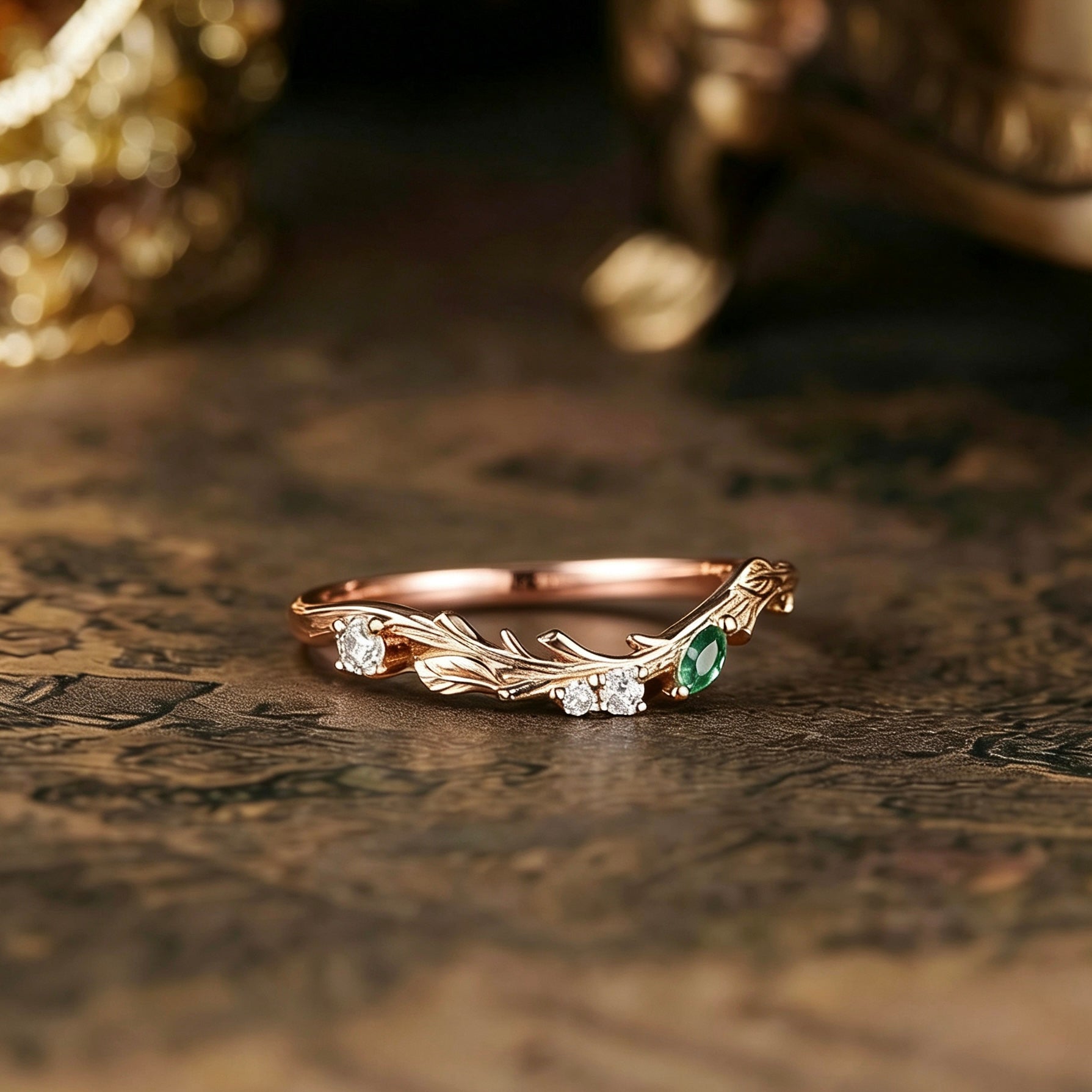 Bark Inspired | Tree Texture Curved Wedding Band with Moss Agate