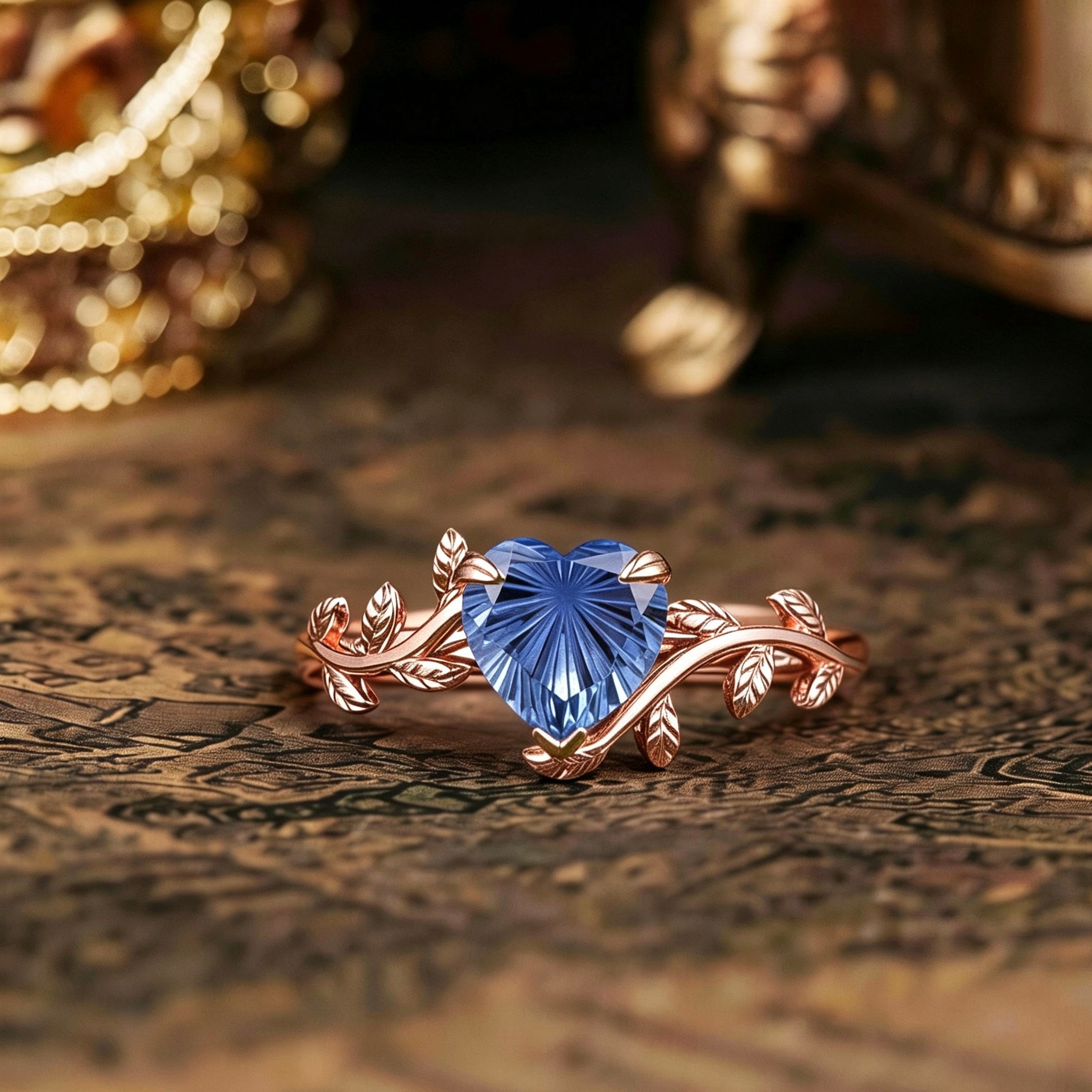 Leaf Inspired | Heart Fireworks Cut Lab Sapphire Leaf Floral Engagement Ring