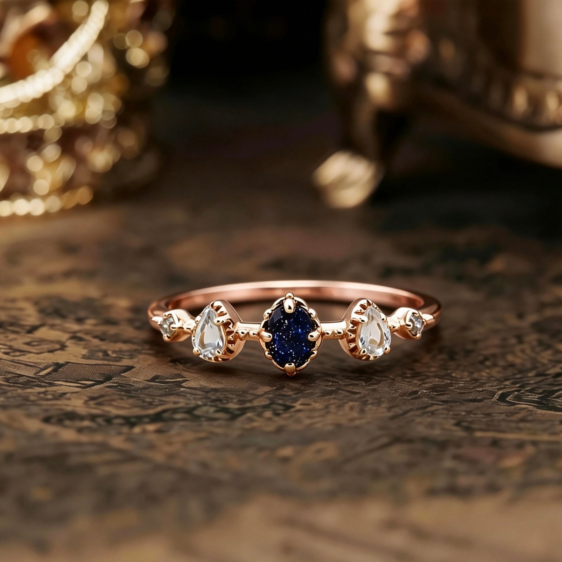 Delicate Blue Sandstone & Natural Topaz Ring, Solid 925 Sterling Silver Jewelry, Versatile & Stackable