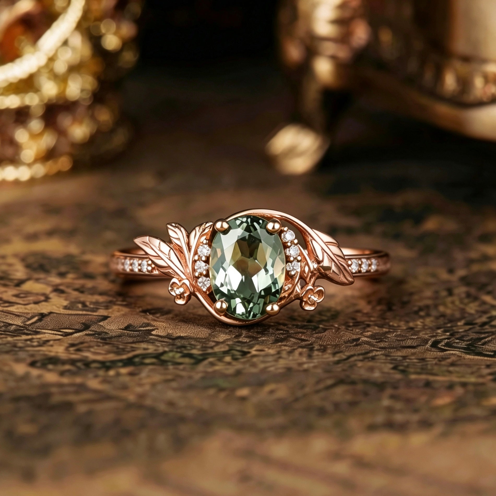 Leaf Inspired | Unique Olive Lab Green Sapphire Flower Engagement Ring