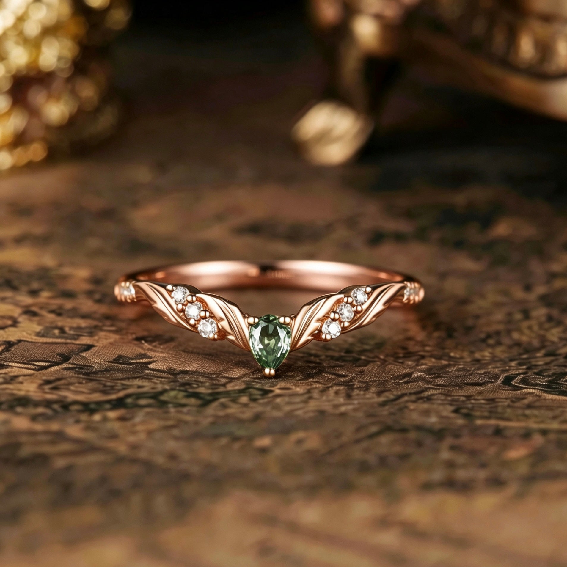 Leaf Inspired | Unique Lab Green Sapphire Curved Wedding Band