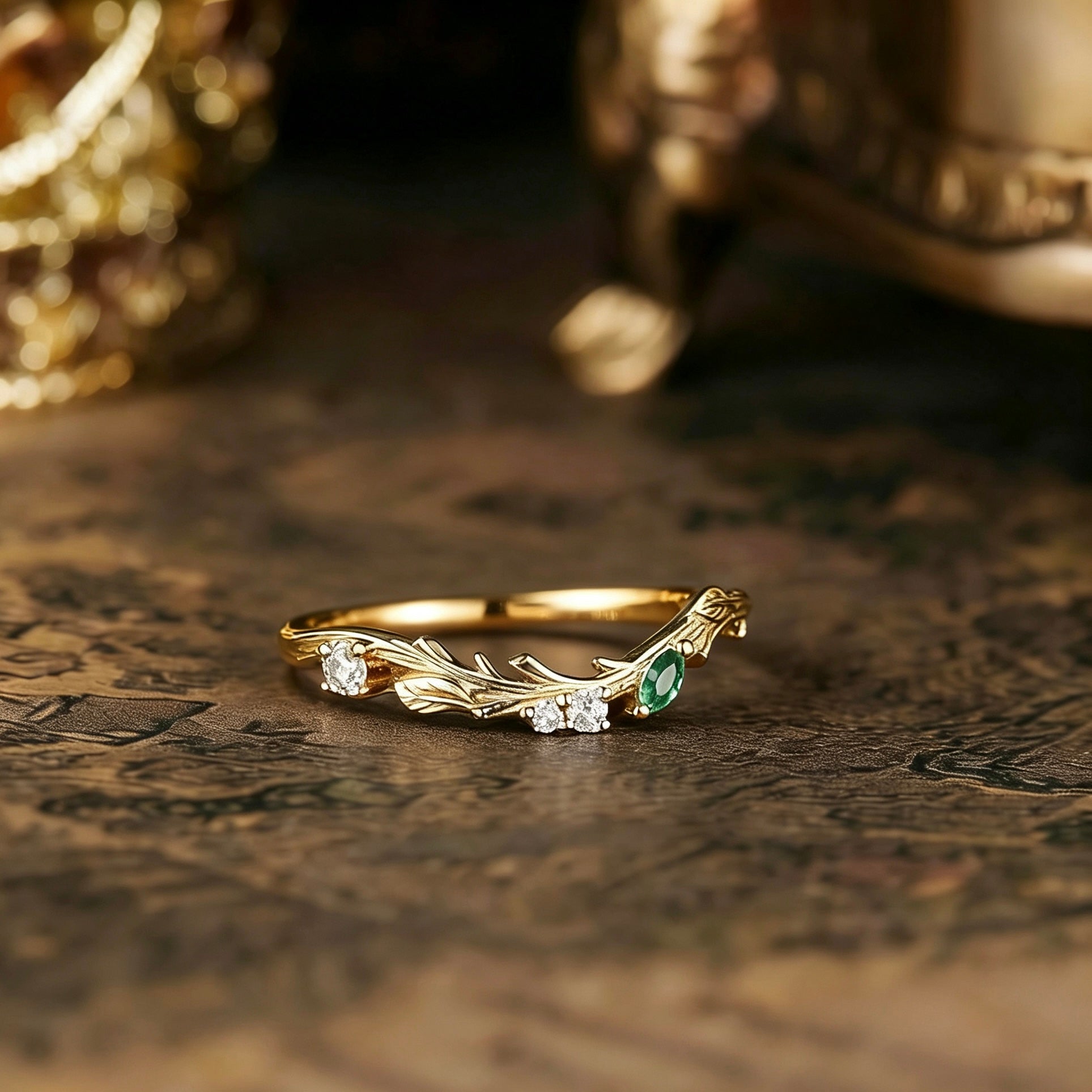Bark Inspired | Tree Texture Curved Wedding Band with Moss Agate