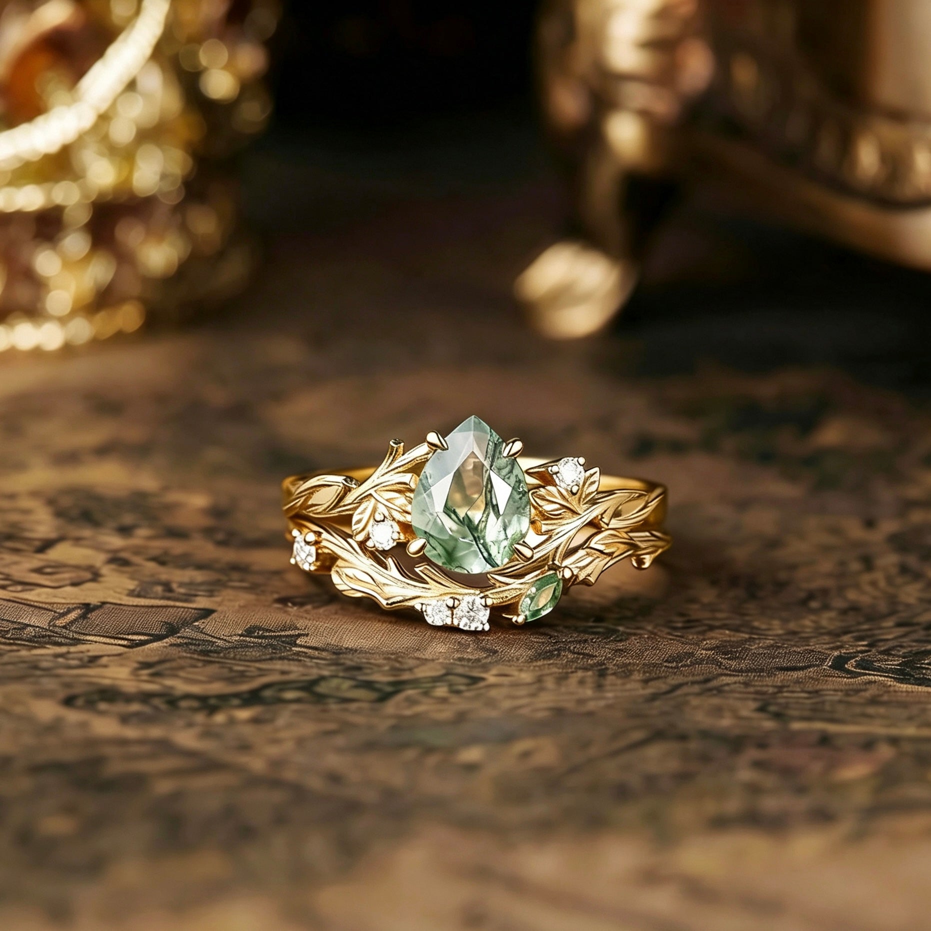 Bark Inspired | Moss Agate Engagement Ring Set Tree Texture