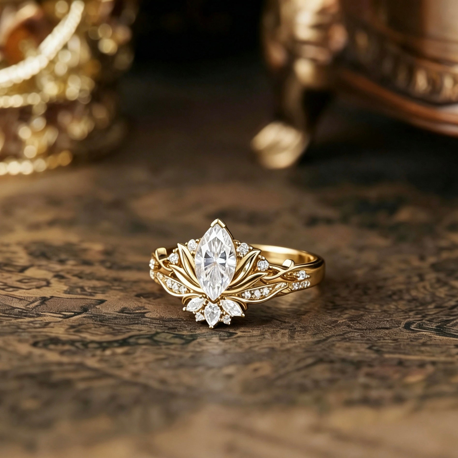Floral Inspired | Marquise Lotus Engagement Ring Set