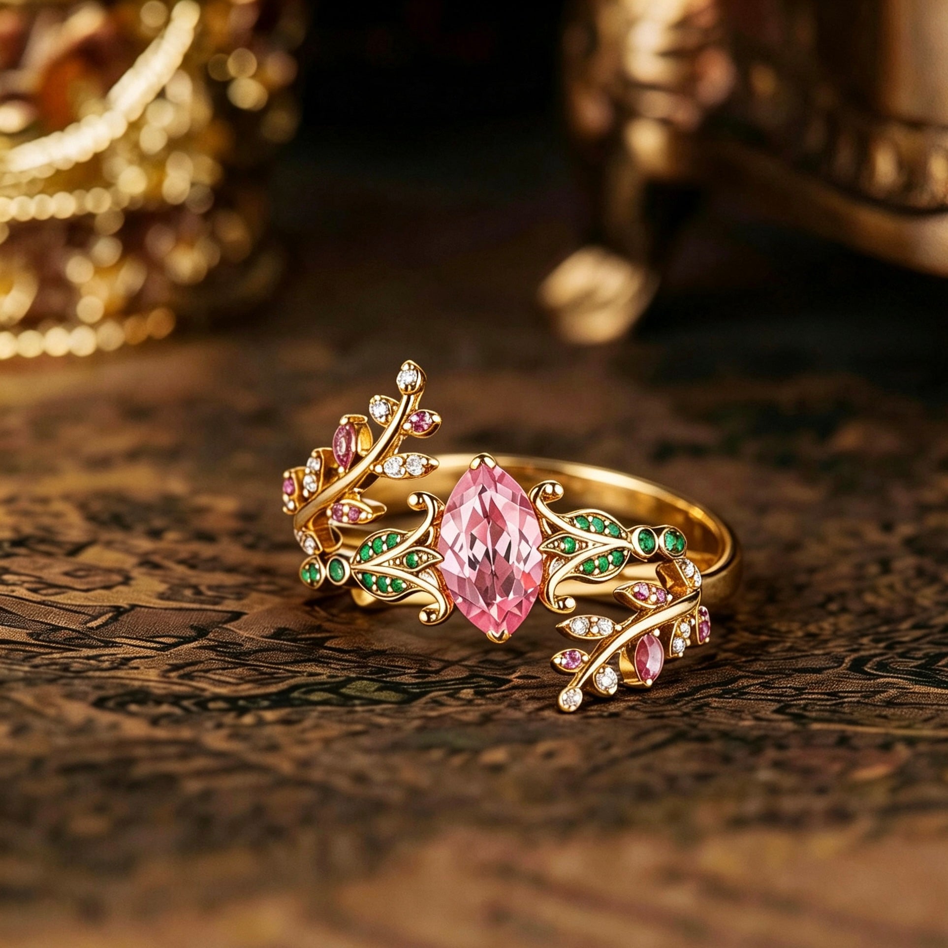 Floral Inspired | Lab Papalacha Sapphire Iris Design Engagement Ring Set