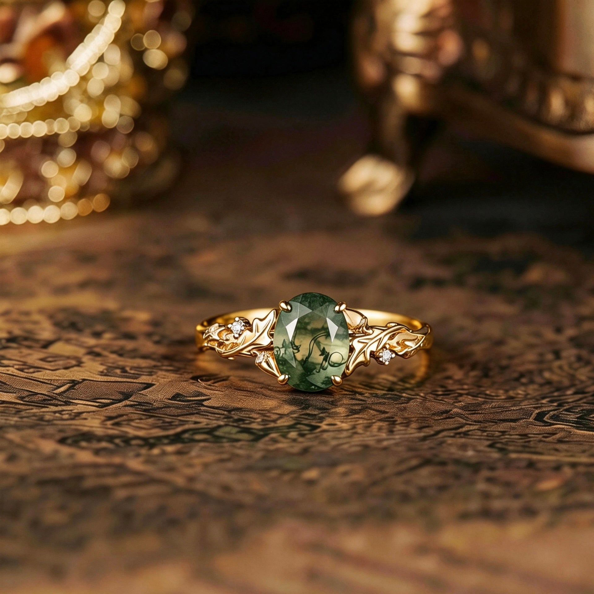 Leaf Inspired | Oak Leaf and Berry Design Moss Agate Engagement Ring