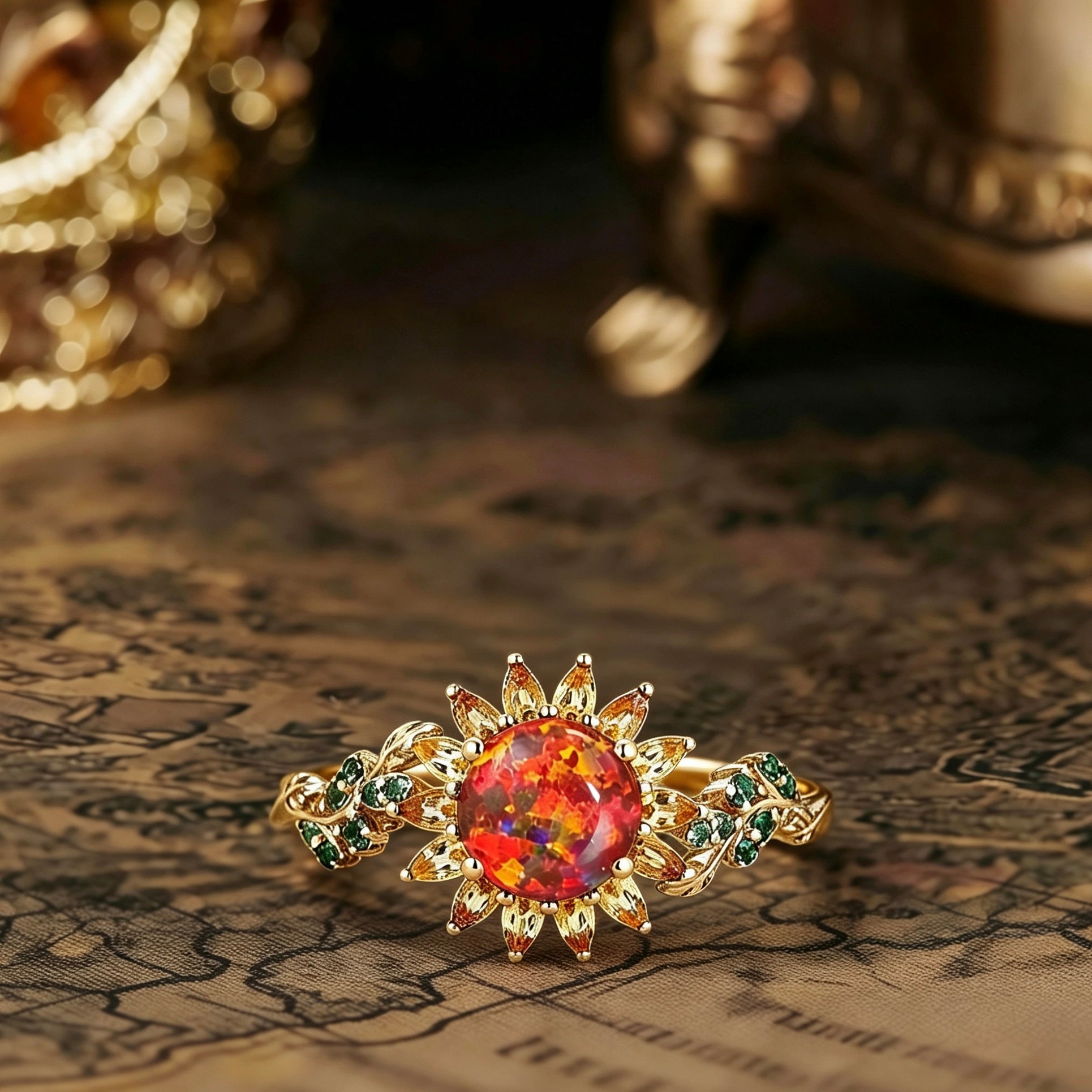 Black Opal Sunflower Engagement Ring - 7mm