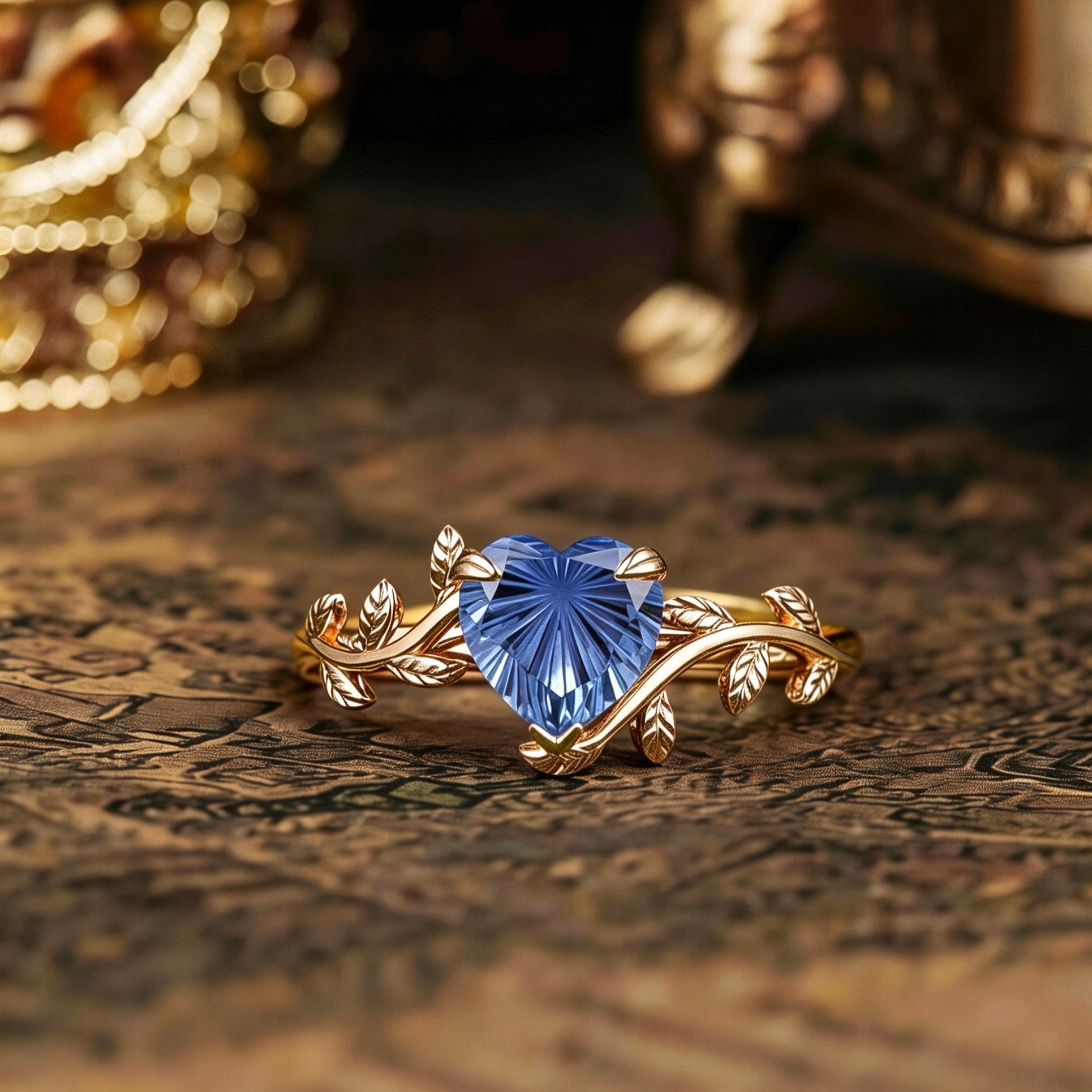 Leaf Inspired | Heart Fireworks Cut Lab Sapphire Leaf Floral Engagement Ring