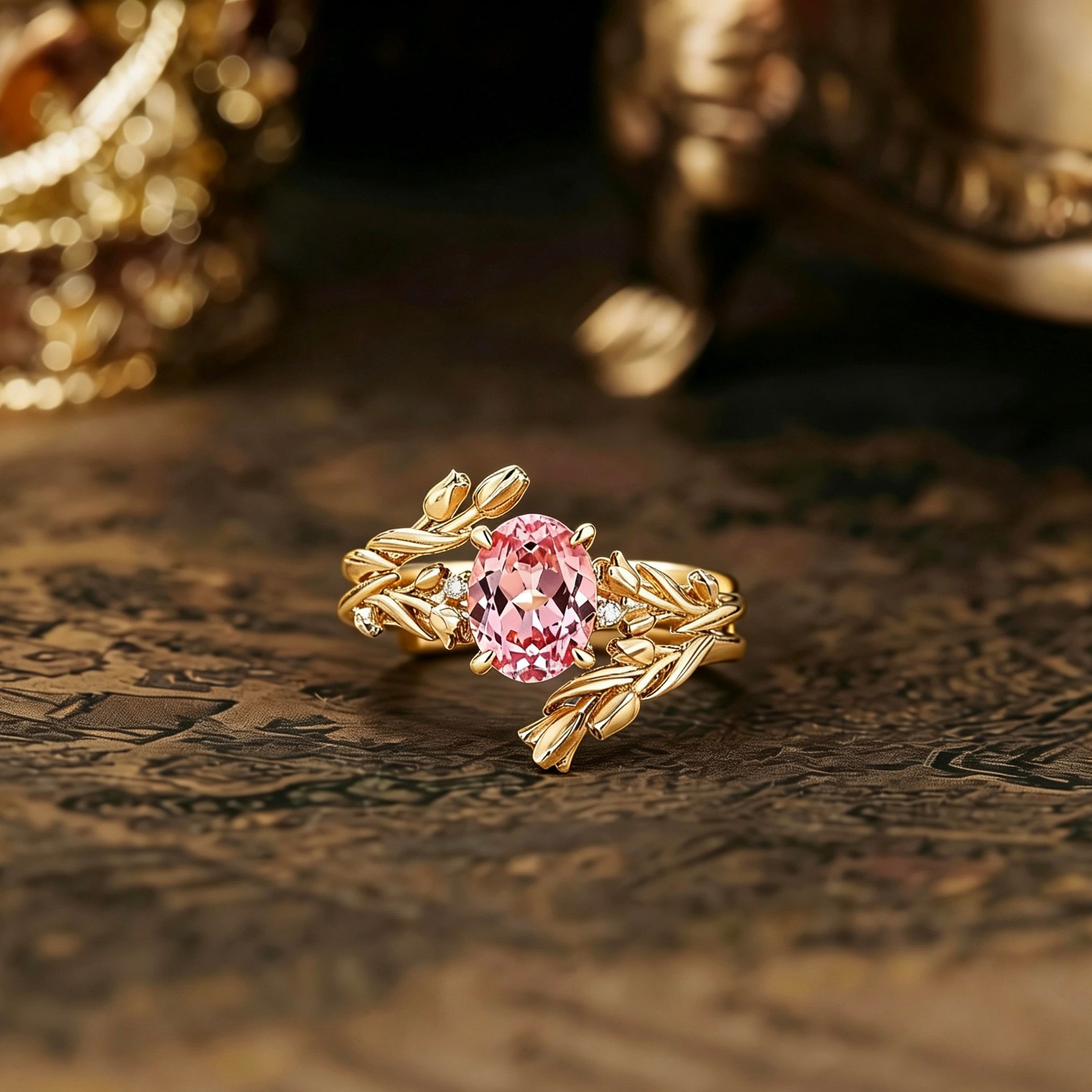 Floral Inspired | 2pc  Lab  Papalacha Tulip Engagement Ring Set