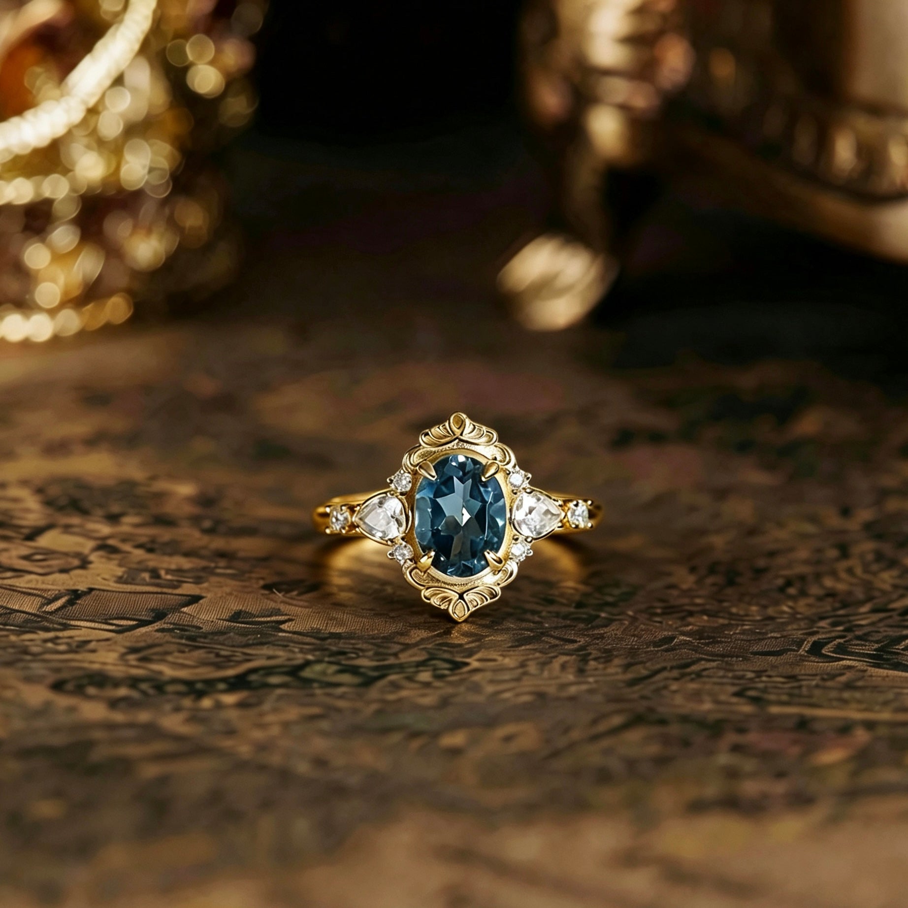 Fashion Light Luxury London Blue Topaz Ring, S925 Sterling Silver Plated 14K Gold Ring for Women
