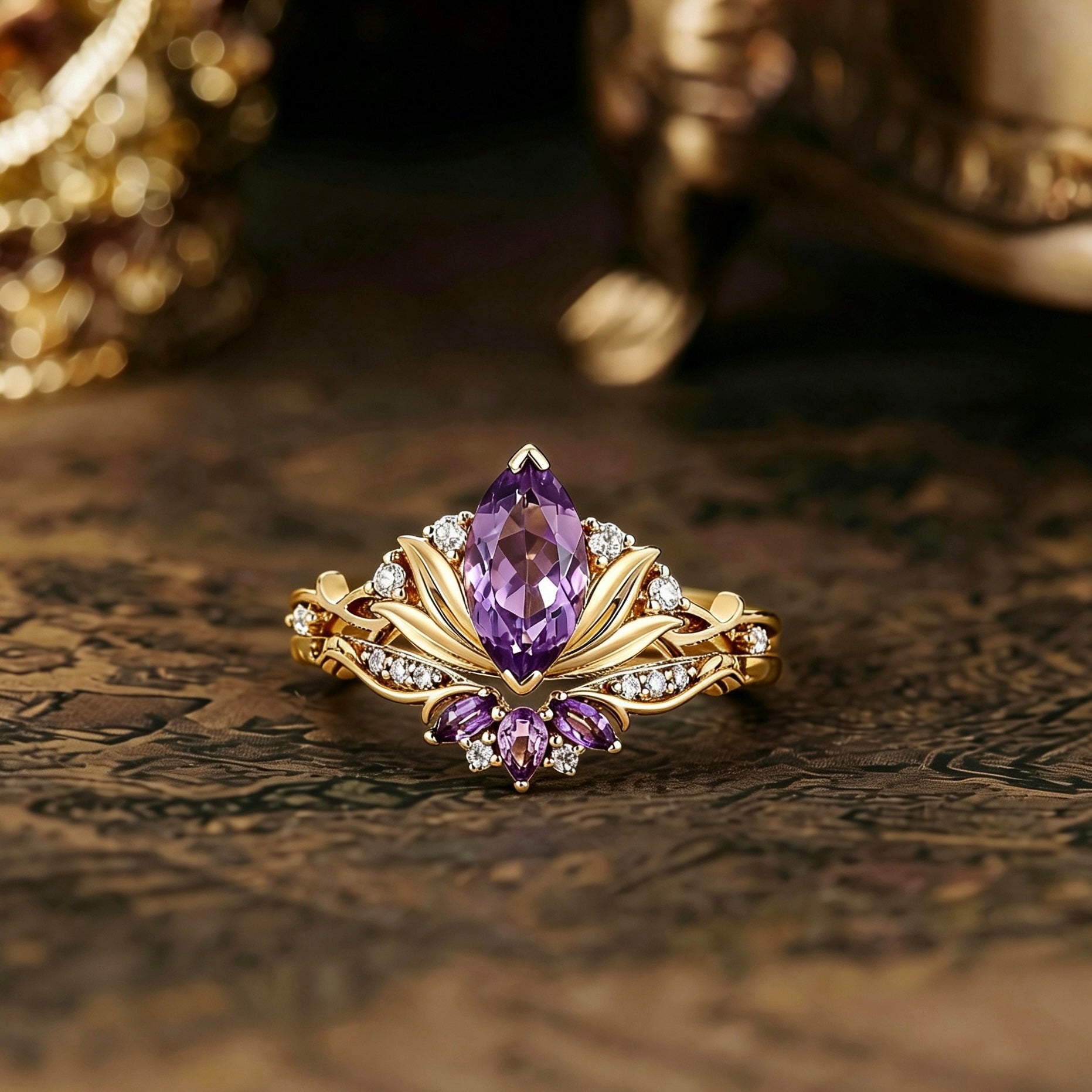 Floral Inspired | Amethyst Water Lily Engagement Ring Set