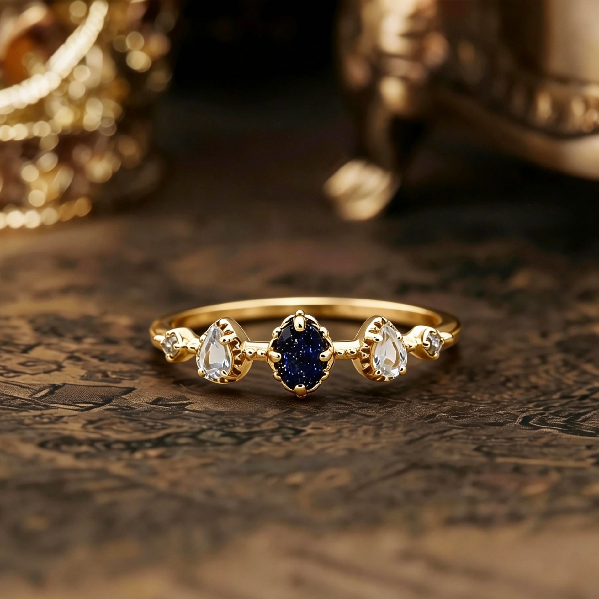 Delicate Blue Sandstone & Natural Topaz Ring, Solid 925 Sterling Silver Jewelry, Versatile & Stackable