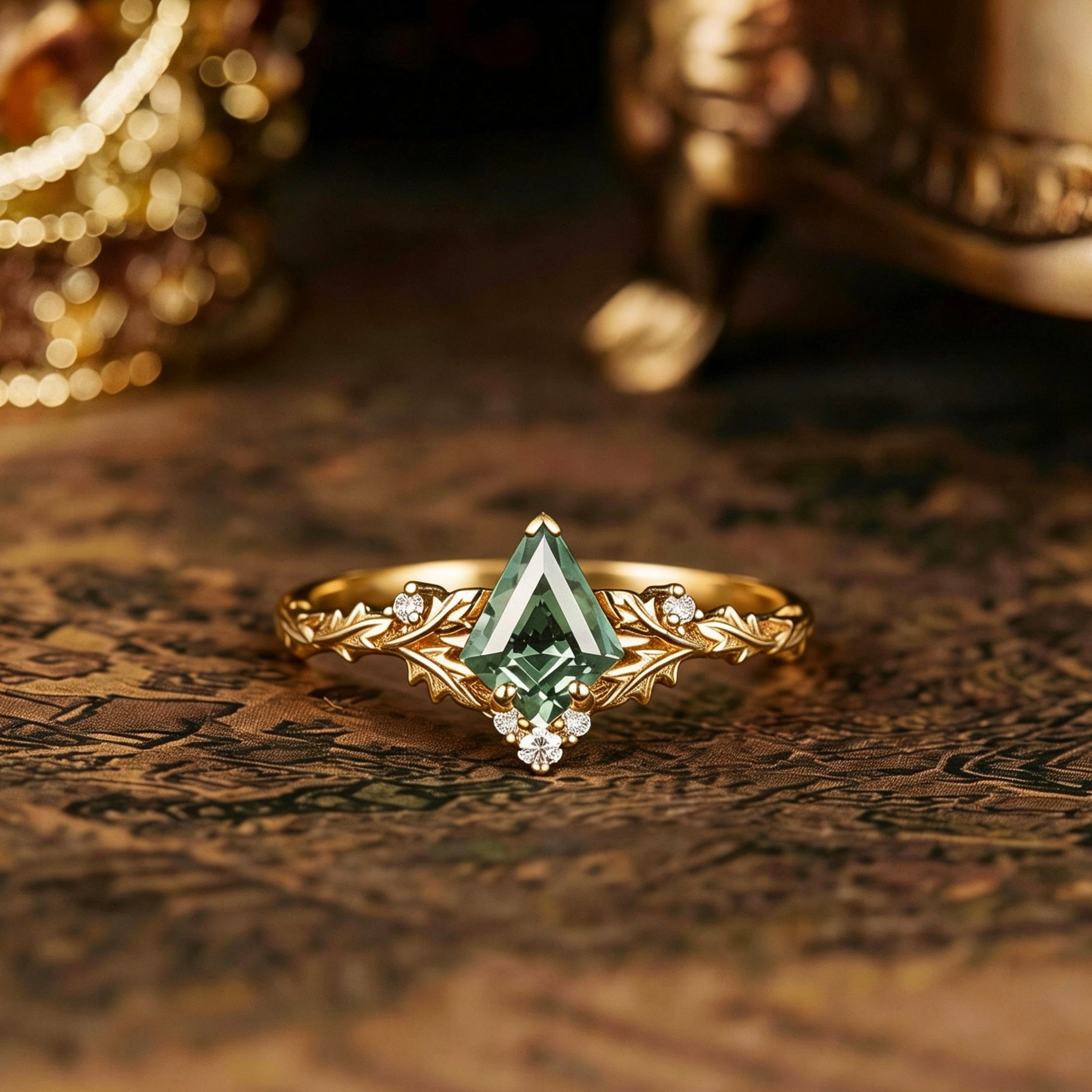 Leaf Inspired | Kite Cut Olive Lab Green Sapphire Engagement Ring