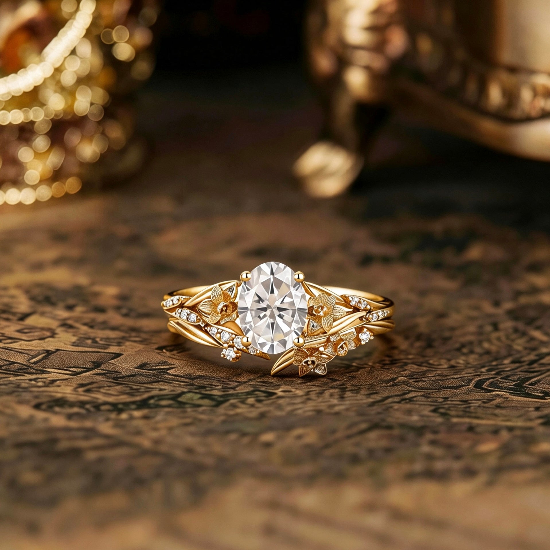 Floral Inspired | Daffodils Design Moissanite Engagement Ring Set