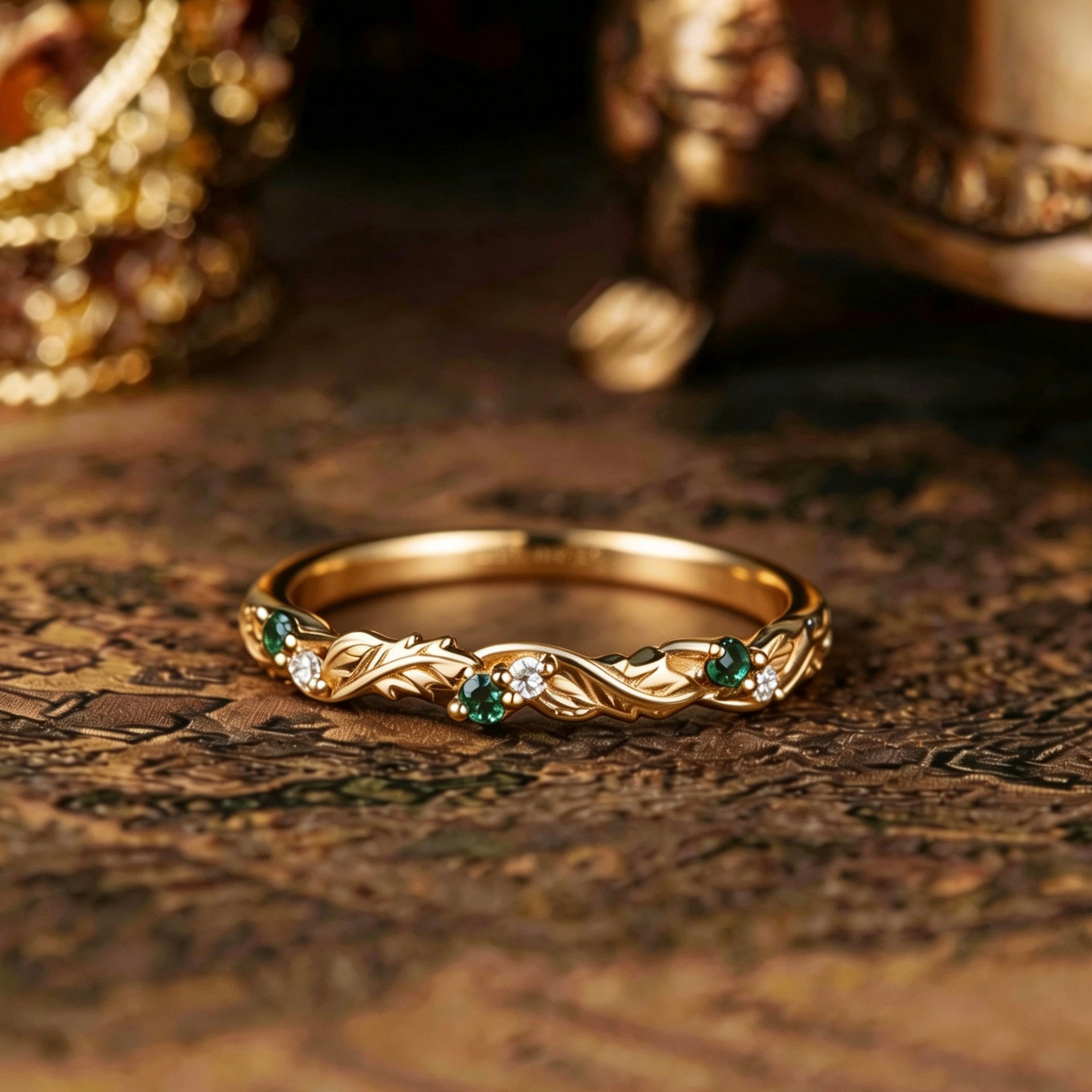 Leaf Inspired | Eternity Wedding Band with Lab Green Sapphire and Moissanite