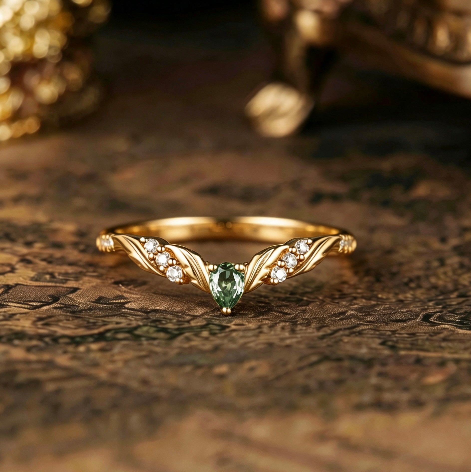 Leaf Inspired | Unique Lab Green Sapphire Curved Wedding Band