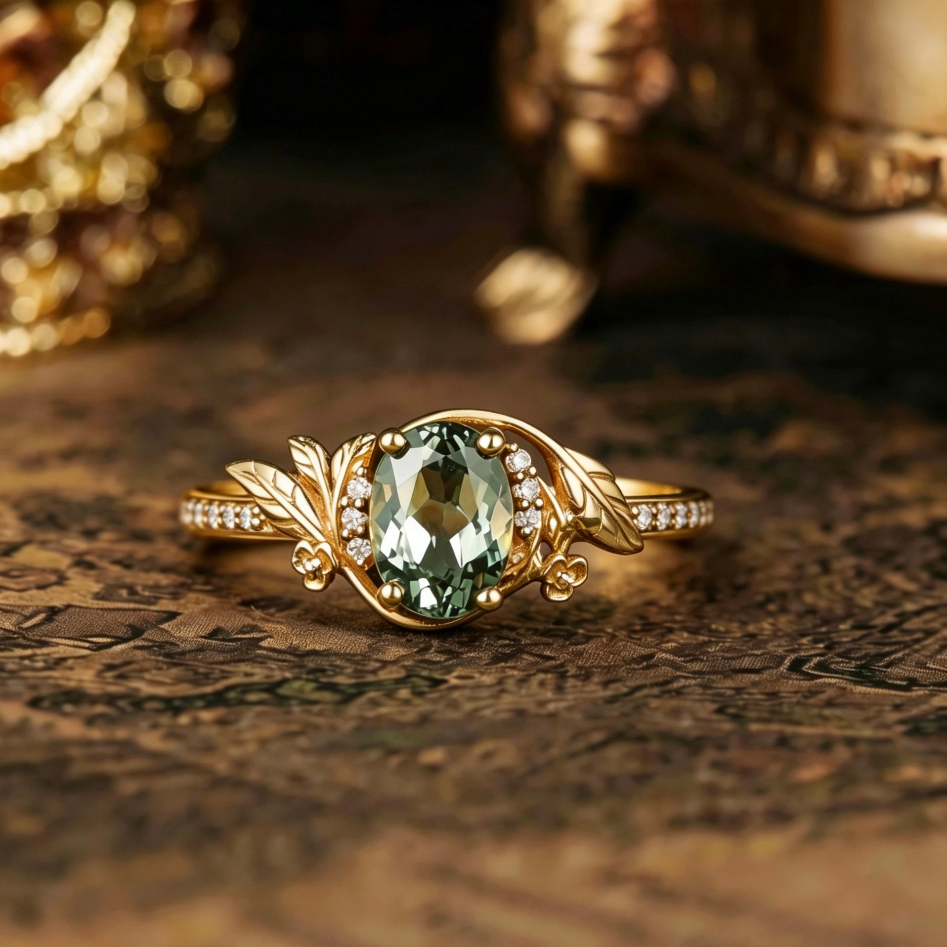 Leaf Inspired | Unique Olive Lab Green Sapphire Flower Engagement Ring